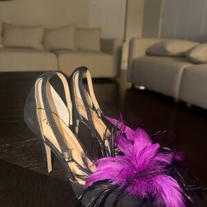 Neiman Marcus Black Slingback Heels with Vibrant Purple Feather Detail